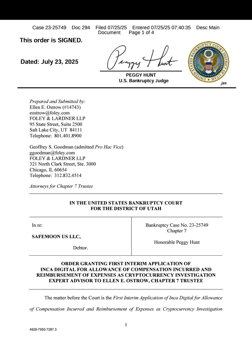 live4offrd's tweet image. Safemoon Bankruptcy Case:
Order Granting First Interim Application for Compensation (Related Doc # 274) Granting for Inca digital, fees awarded: $67,905.00, expenses awarded: $0.00 (gci) (EOD: 07/25/2025)