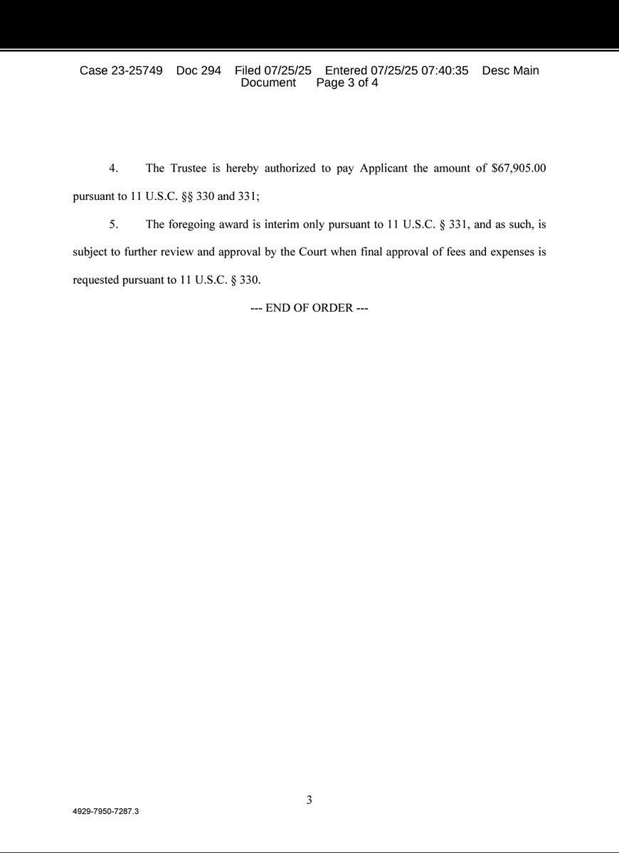 live4offrd's tweet image. Safemoon Bankruptcy Case:
Order Granting First Interim Application for Compensation (Related Doc # 274) Granting for Inca digital, fees awarded: $67,905.00, expenses awarded: $0.00 (gci) (EOD: 07/25/2025)