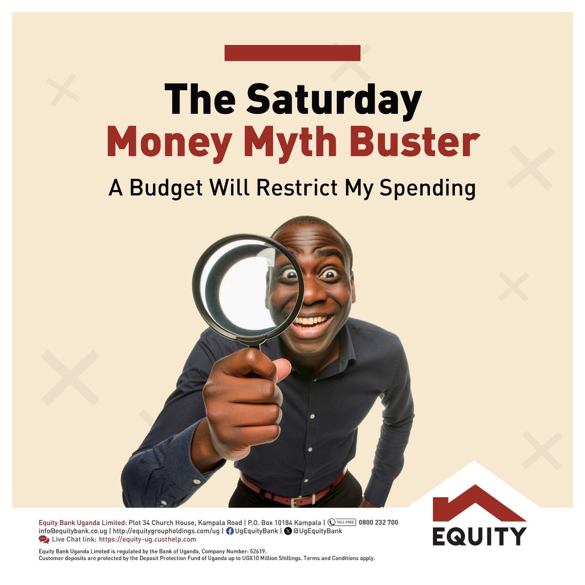 UgEquityBank's tweet image. 🔍 Saturday Money Myth Buster!
Think a budget will restrict your spending? Think again!
A smart budget gives you control, not limits. It helps you spend wisely and reach your goals faster. 💡💰
#EquityBankUganda