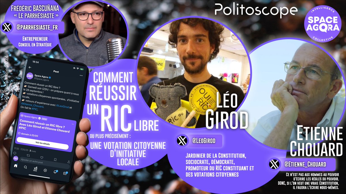 Comment réussir un RIC libre ?
👉🏻 Samedi soir (22h) - on prépare quant à nous le 28 septembre : une opération de diffusion des ateliers démocratiques, pour commencer par contrer la loi PPE3, ce pur scandale.
👉🏻 votations citoyennes spontanées, d’initiative locale, qu'on appelle