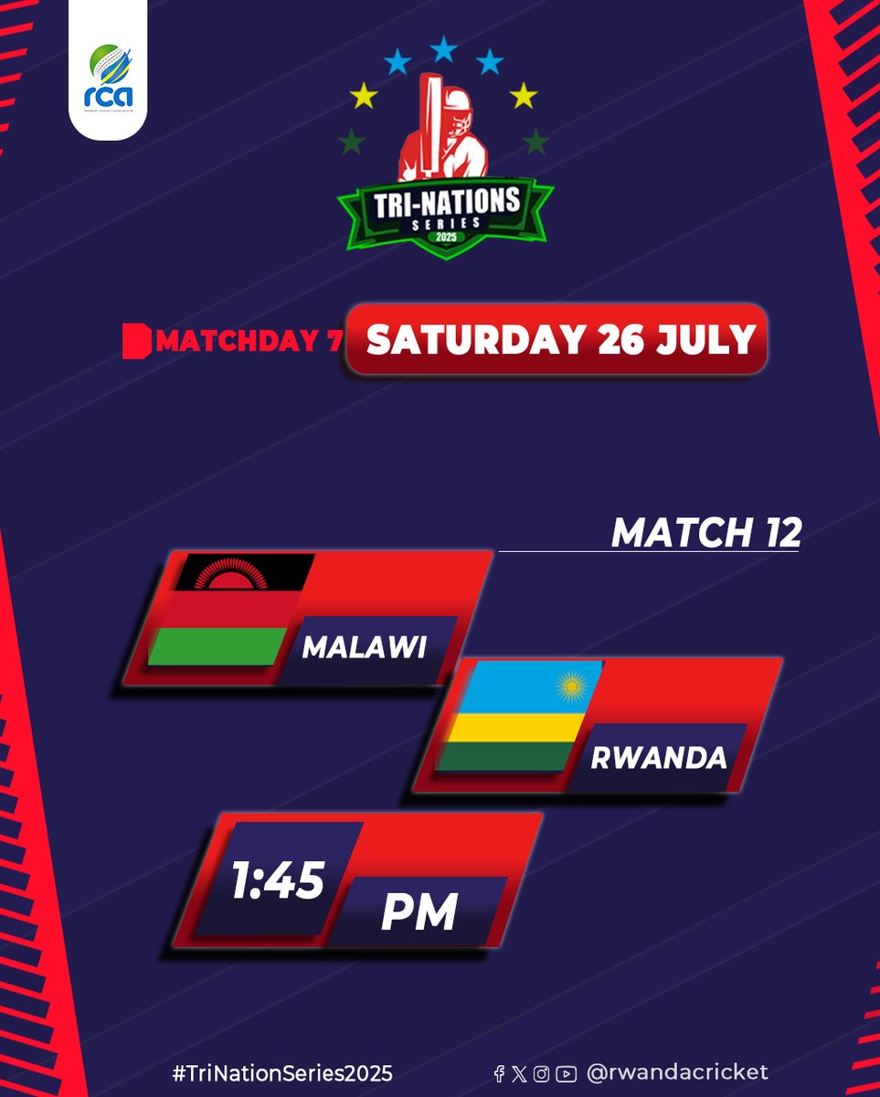 RwandaCricket's tweet image. Matchday 7 – Saturday 26 July
Malawi 🆚 Rwanda at 1:45 PM
The winner goes through to the final against Bahrain.
#TriNationSeries2025
@bahraincricket
@cricketmalawi
@stevoem
@SrinathVardhine
@CharlesHaba
@EmmanuelBYIRIN2