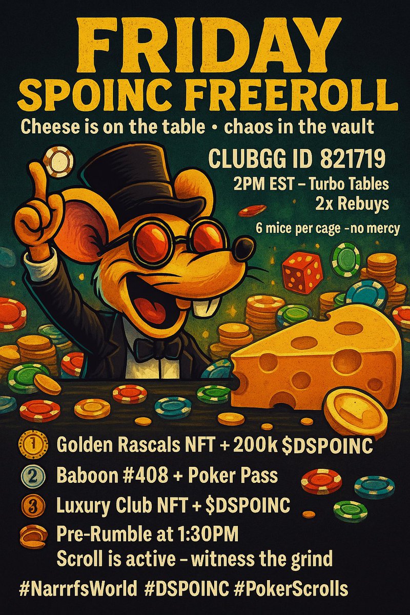 narrrf12345's tweet image. 🎲 FRIDAY SPOINC FREEROLL
🧀 Cheese is on the table — chaos in the vault
🏷️ ClubGG: ID 821719
🕒 2PM EST — Turbo Tables, 2x Rebuys
🧠 6 mice per cage — no mercy
🥇 Golden Rascals NFT + 200k $DSPOINC
🥈 Baboon #408 + Poker Pass
🥉 Luxury Club NFT + DSPOINC
🕜 Pre-Rumble at 1:30PM…