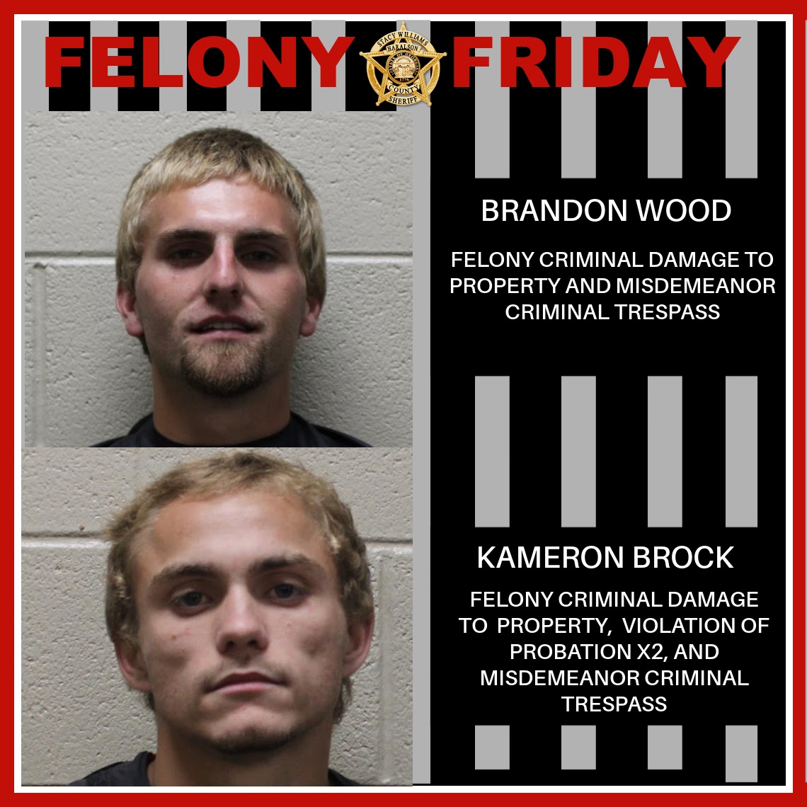 HaralsonSheriff's tweet photo. If you love 2 for 1βs, you are going to LOVE this weekβs Felony Friday yβall!
This week, we are featuring two very special individuals. One of whom, believe it or not, is already on probation for like crimesβ¦#YouCannotMakeThisStuffUp
For the full release, please visit our FB! https://t.co/Ez2dMi9oKj