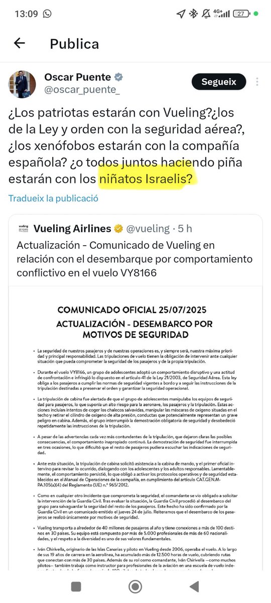 BarcelonaJudia's tweet image. Monsieur le Président @EmmanuelMacron, @gouvernementFR
Le 23 juillet, 47 mineurs français, rentrant chez eux après un camp communautaire à Valence, ont été expulsés d’un vol commercial de @Vueling à destination de Paris. Leur monitrice, une jeune éducatrice, a été menottée…