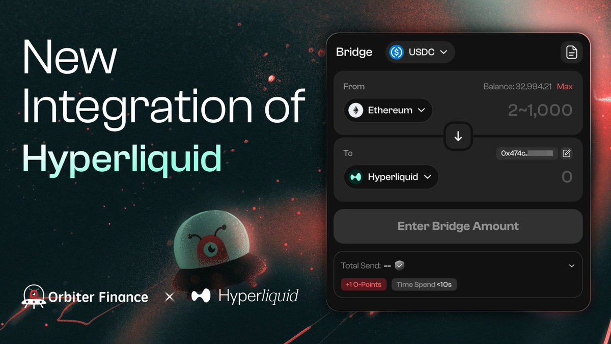 Orbiter_Finance's tweet image. Your $USDC deposits on @HyperliquidX are now live on Orbiter Finance.
Easily bridge $USDC to your Hyperliquid account — choose your route, and funds arrive directly.
Start trading smarter: orbiter.finance/bridge/Ethereu…