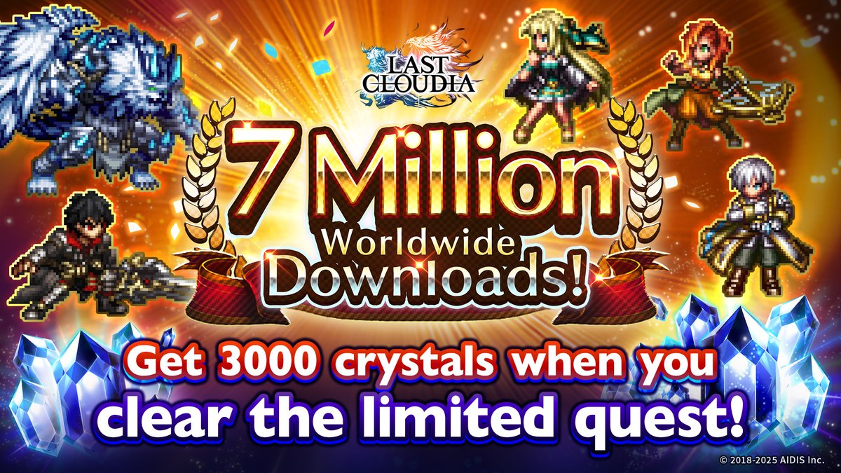 lastcloudiaen's tweet image. Party time! You&apos;re about to instantly earn 3000 crystals!🎉

Just clear the 7 Million Downloads quest once, and they&apos;re all yours!💎

📅 Period:
Jul 24, post-maintenance - Aug 20, 11:59 pm (PT)