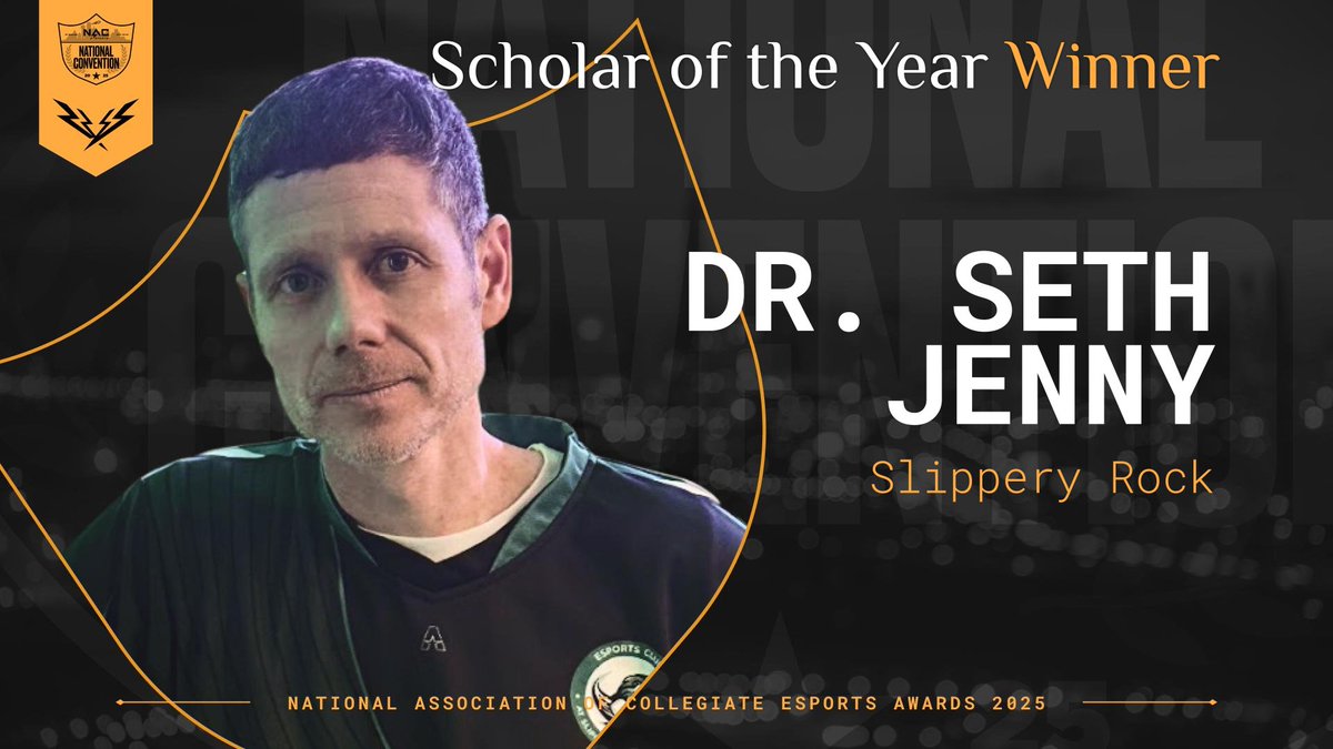 NACEsports's tweet image. Using education to shape the future of esports - and the world - from the ground up...
The 2025 Scholar of the Year Award goes to
@DrSethJenny from @SlipRockEsports
Congratulations!