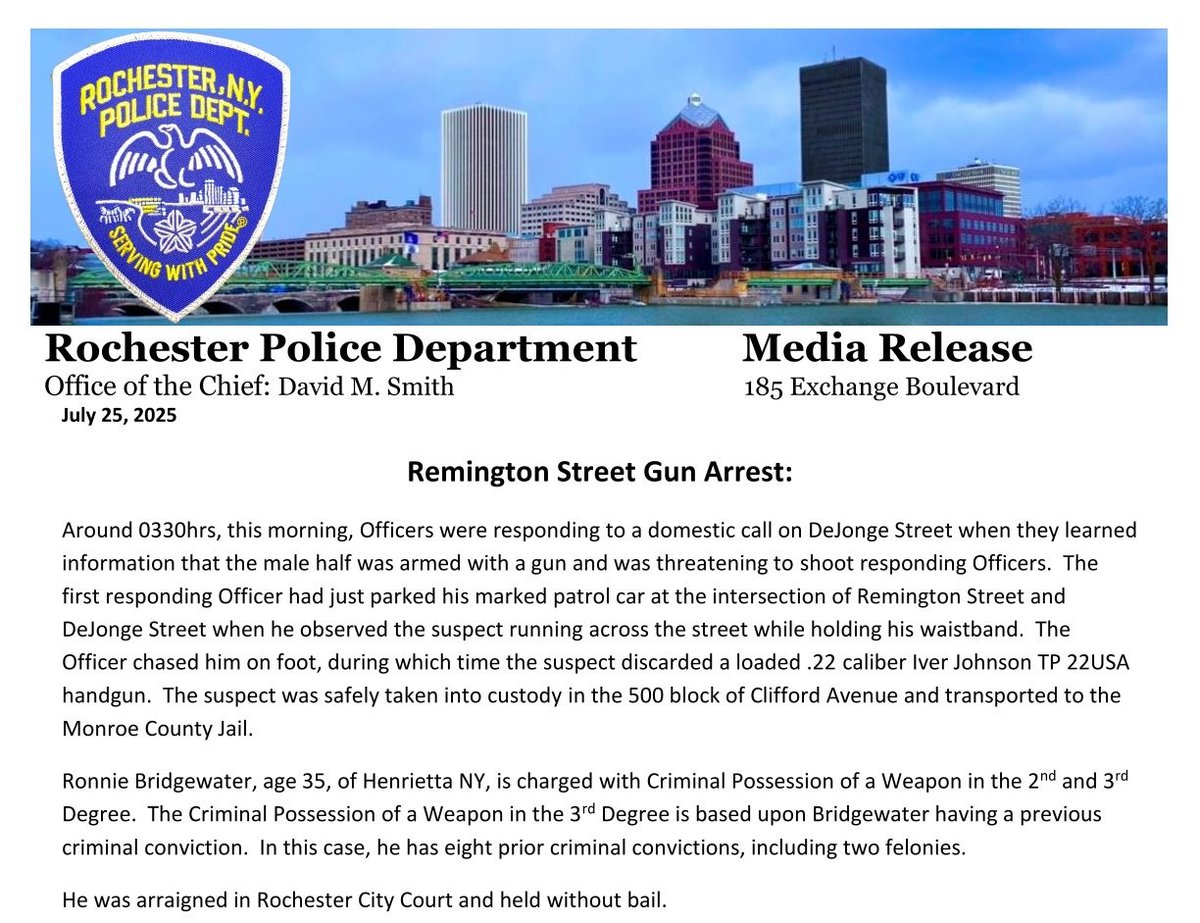 RochesterNYPD's tweet image. This morning, our officers arrested a man after responding to a domestic call where the male threatened to shoot our officers. Thankfully, he was taken into custody safely after a foot chase.
Press release below.