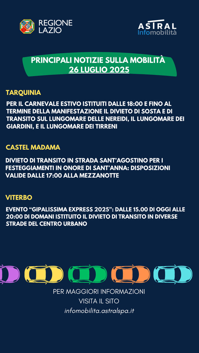 Regione Lazio (@regionelazio) on Twitter photo 🚘 <a href="/astralmobilita/">Astral Infomobilità</a> Le principali notizie sulla mobilità di oggi #26luglio
Qui tutti i dettagli tinyurl.com/3dxu4jaj 🚘 <a href="/astralmobilita/">Astral Infomobilità</a> Le principali notizie sulla mobilità di oggi #26luglio
Qui tutti i dettagli tinyurl.com/3dxu4jaj