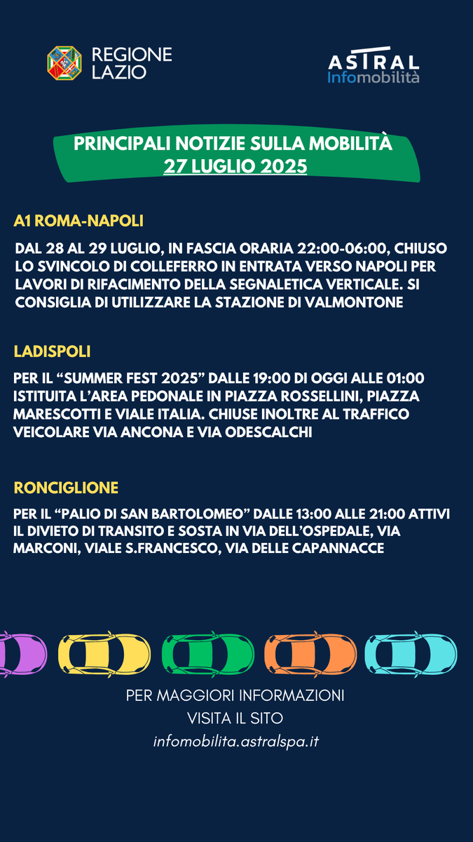 Regione Lazio (@regionelazio) on Twitter photo 🚘 <a href="/astralmobilita/">Astral Infomobilità</a> Le principali notizie sulla mobilità di oggi #27luglio
Qui tutti i dettagli tinyurl.com/3dxu4jaj 🚘 <a href="/astralmobilita/">Astral Infomobilità</a> Le principali notizie sulla mobilità di oggi #27luglio
Qui tutti i dettagli tinyurl.com/3dxu4jaj