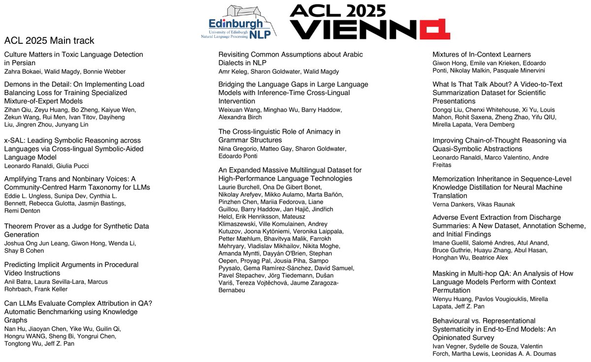 The amazing folks at <a href="/EdinburghNLP/">EdinburghNLP</a> will be presenting a few papers at ACL 2025 (<a href="/aclmeeting/">ACL 2025</a>); if you're in Vienna, touch base with them! Here are the papers in the main track 🧵