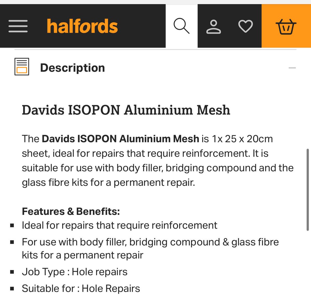 CallieMac009's tweet image. Aluminium mesh from Halfords.
Features & benefits-body fillers, hole repairs!!!!
The mind boggles.👀