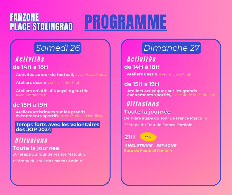 Paris19e's tweet image. Un programme chargé pour ce week-end sur le site de festivités Place Stalingrad avec la célébration du premier anniversaire des JOP 2024, la finale de l'Euro de football féminin, de nombreuses activités et bien plus encore !
Le programme complet 👇