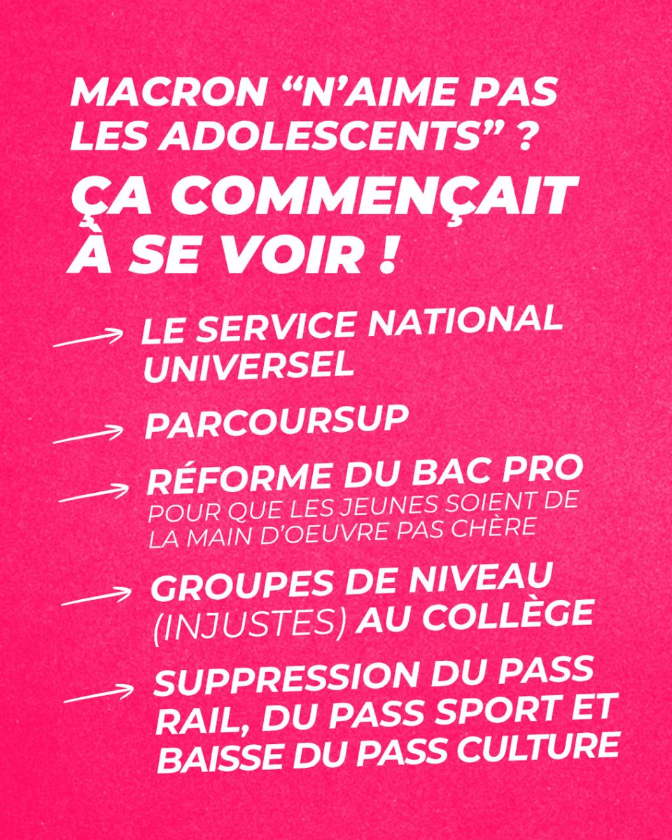 Macron affirme "ne pas aimer" les jeunes ?
Qu'il se rassure, c'est réciproque !

Avec ses multiples attaques politiques contre les adolescent·es, on commençait quand même à s'en douter.

Mais au final, qui aime-t-il à part les ultra-riches et les ministres inculpé·es ?