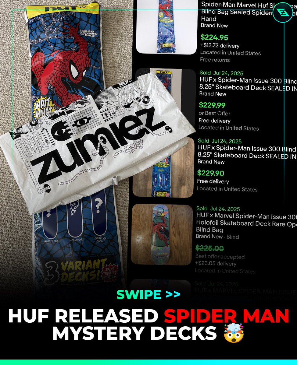 FlipFlip's tweet image. HUF released Spiderman Bling Bags of these Skate Decks for $64 each 🔥
They released online but also in your local skate shops and Zumiez stores ✅
People are still finding them today so I would call around and try to secure. Resell over $200+