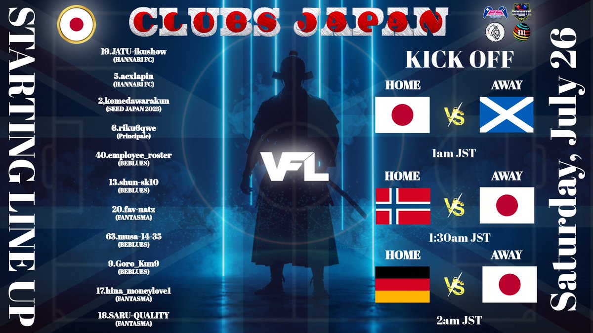 ⚽The VFL 2025 World Cup⚽

🇯🇵Japan vs Scotland 🏴󠁧󠁢󠁳󠁣󠁴󠁿HOME

🇯🇵Japan vs Norway   🇳🇴 AWAY

🇯🇵Japan vs Germany 🇩🇪  AWAY

#FC25 #EAFC25 #EAFCClubs #ProClubs #ClubsPro #Asia #Africa #Europe #Oceania #SouthAmerica #NorthAmerica #Worldcup #VFL #Share #Repost #Retweet #RP #RT