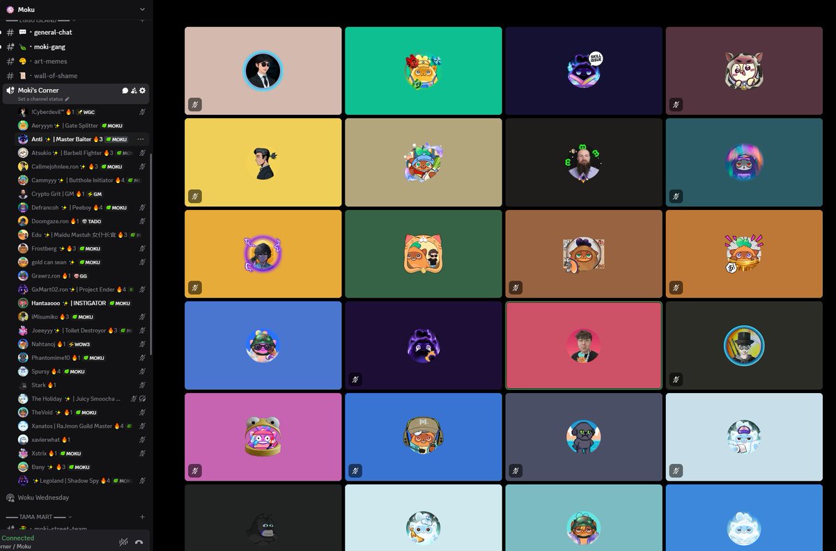 Where else in the space are u going to see so many people gathering without even an event scheduld just to vibe &amp; chat🔥

Seems like the whole of <a href="/Ronin_Network/">Ronin</a> is comin together in the moku discord lately for vibes &amp; <a href="/Hantao/">Hantao✨</a> money making alpha👀

Moku the peoples champ✨