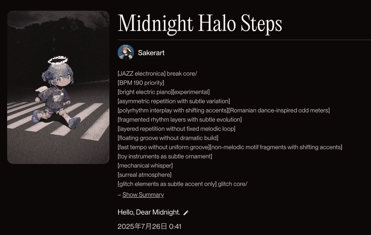 sakerart3's tweet image. 《 Midnight Halo Steps 》 / AI
“Hello, Dear Midnight.”
🎧suno.com/song/2e9144f3-…