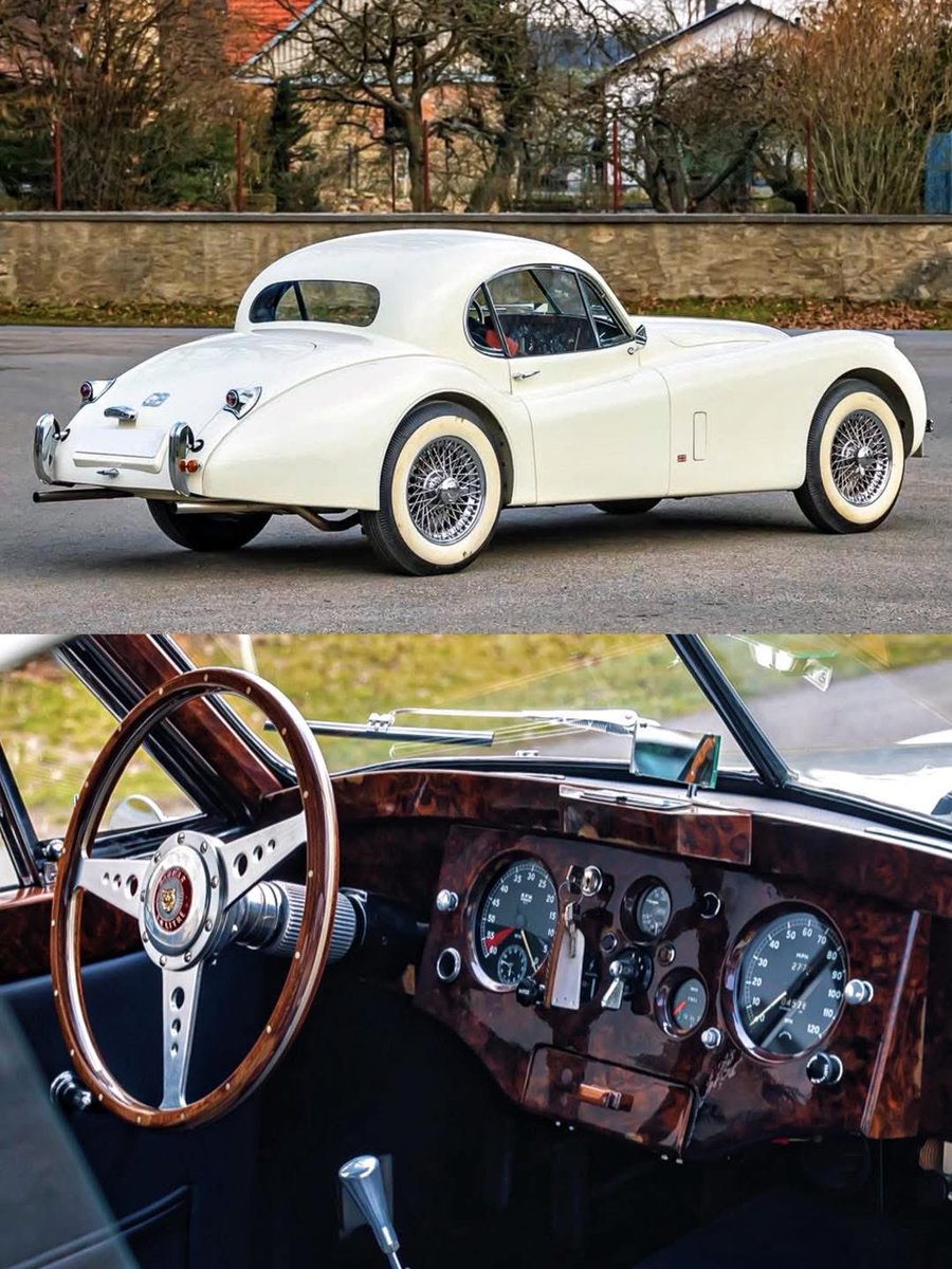 JagmansM's tweet image. This Jaguar XK120 wears ivory with grace, its curves evoke a golden age of style.