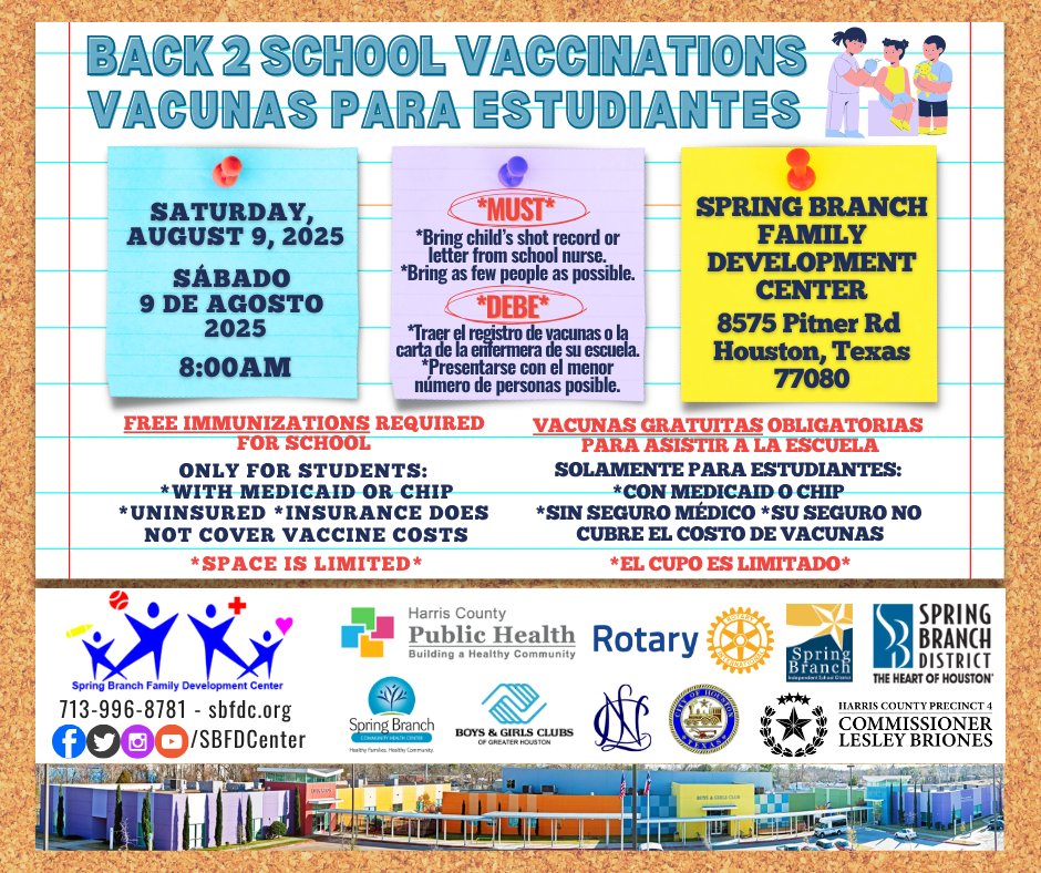 SBFDC (@sbfdcenter) on Twitter photo ➡️In 2 weeks -📌Saturday, Aug. 9- 8AM: <a href="/SBFDCenter/">SBFDC</a>'s Annual Back 2 School Vaccination Event
➡️En 2 semanas-📌Sábado 9 de Agosto-8AM: <a href="/SBFDCenter/">SBFDC</a> Vacunas Gratuitas para Estudiantes
w/ <a href="/hcphtx/">Harris County Public Health #GetVaxxed</a> <a href="/MSBRotary/">MemorialSpringBranchRotary</a> <a href="/SpringBranchMD/">Spring Branch, HOU</a> <a href="/SBISD/">Spring Branch ISD</a> <a href="/bgcghouston/">Boys & Girls Clubs of Greater Houston</a> <a href="/SBCHChealth/">Spring Branch Community Health Center</a> <a href="/HCP4__Briones/">Commissioner Lesley Briones</a> CM <a href="/AmyPeck/">Amy Peck</a> ➡️In 2 weeks -📌Saturday, Aug. 9- 8AM: <a href="/SBFDCenter/">SBFDC</a>'s Annual Back 2 School Vaccination Event
➡️En 2 semanas-📌Sábado 9 de Agosto-8AM: <a href="/SBFDCenter/">SBFDC</a> Vacunas Gratuitas para Estudiantes
w/ <a href="/hcphtx/">Harris County Public Health #GetVaxxed</a> <a href="/MSBRotary/">MemorialSpringBranchRotary</a> <a href="/SpringBranchMD/">Spring Branch, HOU</a> <a href="/SBISD/">Spring Branch ISD</a> <a href="/bgcghouston/">Boys & Girls Clubs of Greater Houston</a> <a href="/SBCHChealth/">Spring Branch Community Health Center</a> <a href="/HCP4__Briones/">Commissioner Lesley Briones</a> CM <a href="/AmyPeck/">Amy Peck</a>