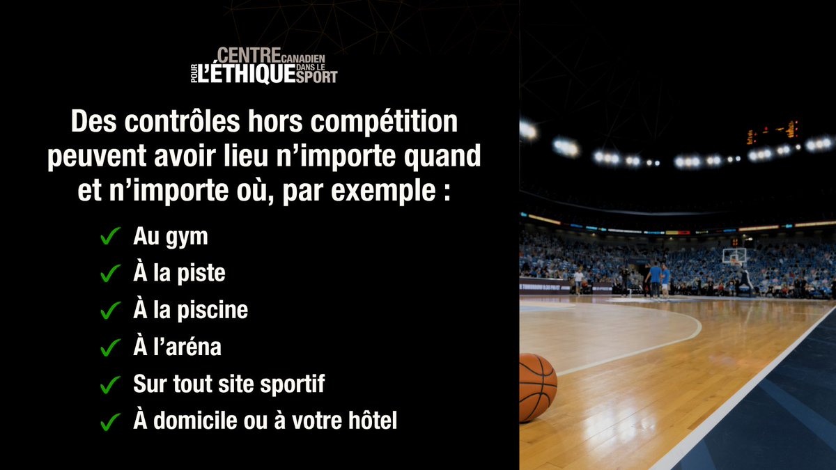 EthicsInSPORT's tweet image. #LSV que l’on pourrait vous sélectionner pour un contrôle du dopage hors compétition?
Les prélèvements peuvent avoir lieu n’importe quand et n’importe où, par exemple :
🏋️ Au gym
🏃 À la piste
🏊 À la piscine
🏒 À l’aréna
🏅 Sur tout site sportif
🏠 À domicile ou à votre hôtel