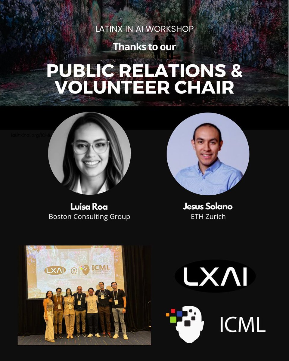 _LXAI's tweet image. Huge thanks to the ICML 2025 Public Relations and Volunteer Chairs, Luisa Fernanda Roa Ballén and Jesus Solano for your amazing work supporting the Latinx in AI (LXAI) workshop! 🙌
#ICML2025 #LatinxinAI #DiversityInAI
