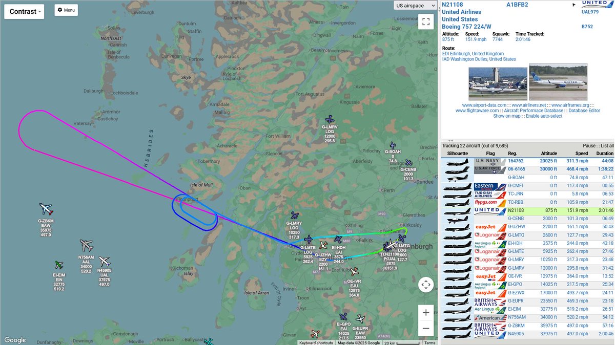 United Airlines flight UA979 from Edinburgh to Washington Dulles is returning to Edinburgh.

Currently unknown as to why they're returning.