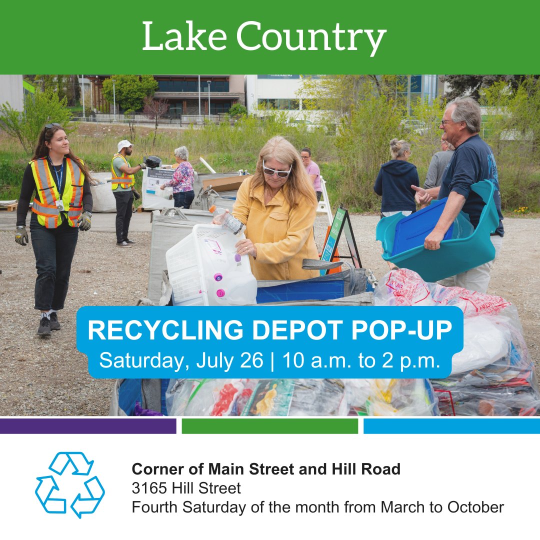 Regional District of Central Okanagan (@rdcokanagan) on Twitter photo Hello <a href="/DofLakeCountry/">District of Lake Country</a> 👋 We're hosting a recycling depot pop-up this Saturday, July 26, from 10 a.m. to 2 p.m. 📅
You can drop off household, depot-only items for recycling like: glass, styrofoam, flexible plastics and electronics. ♻️🦺 Staff are also on-hand to answer Hello <a href="/DofLakeCountry/">District of Lake Country</a> 👋 We're hosting a recycling depot pop-up this Saturday, July 26, from 10 a.m. to 2 p.m. 📅
You can drop off household, depot-only items for recycling like: glass, styrofoam, flexible plastics and electronics. ♻️🦺 Staff are also on-hand to answer