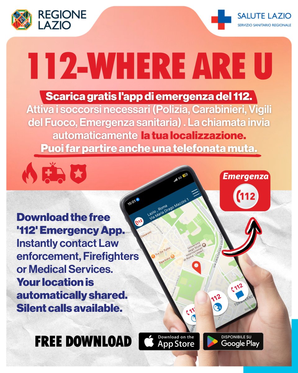 🔴 Il numero unico europeo per tutte le emergenze è il 112. Sempre attivo, in 16 lingue.

📱 C'è anche l'app, è gratis e si chiama 'Where are U'. Attiva i soccorsi necessari e la chiamata invia automaticamente la tua localizzazione.

⚠️ Contatta il 112 solo in caso di emergenza.
