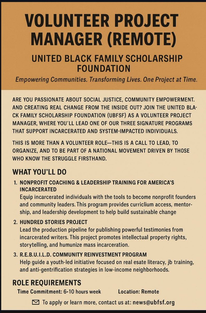United Black Family Scholarship Foundation (@ubfsforg) on Twitter photo UBFSF is seeking remote Volunteer Project Managers! Lead programs that empower incarcerated & system-impacted communities.
📩 Apply: news@ubfsf.org
#Volunteer #SocialJustice #UBFSF UBFSF is seeking remote Volunteer Project Managers! Lead programs that empower incarcerated & system-impacted communities.
📩 Apply: news@ubfsf.org
#Volunteer #SocialJustice #UBFSF