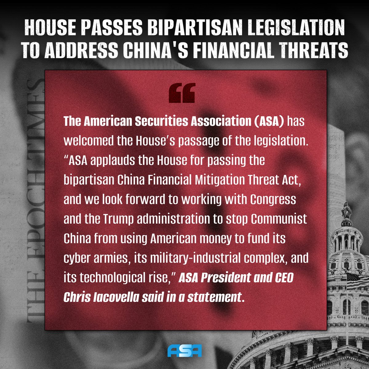 The bipartisan China Financial Threat Mitigation Act of 2025, introduced by <a href="/RepRWilliams/">Rep. Roger Williams</a> &amp; <a href="/RepJoshG/">Rep Josh Gottheimer</a> to safeguard the U.S. from threats posed by the CCP, has PASSED in the House.

ASA urges swift passage in the Senate to send this bill to <a href="/POTUS/">President Donald J. Trump</a>' desk.

tinyurl.com/mwpaue84