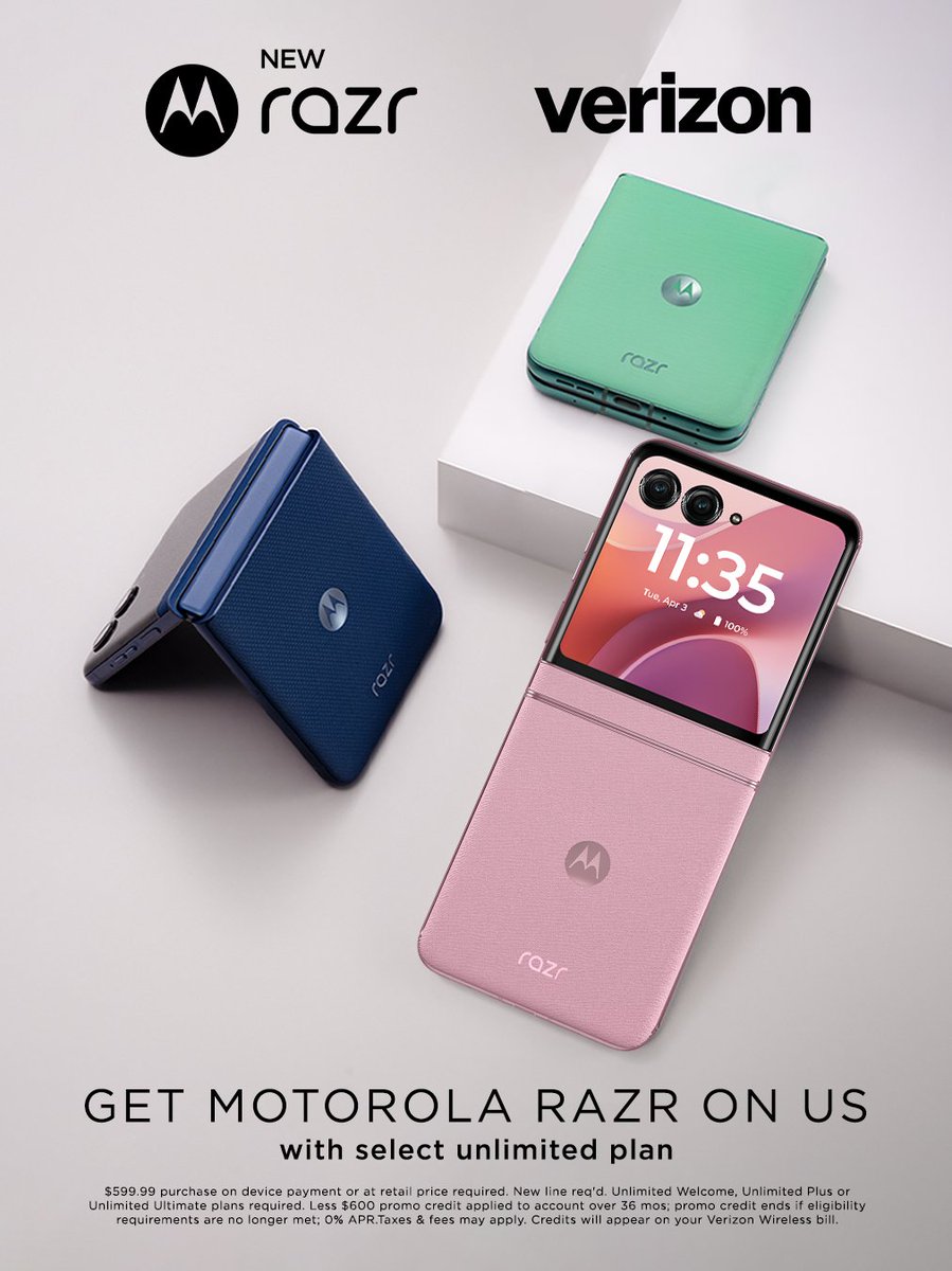 Need to flip into something new?🌟👀 Get a new motorola razr - 2025, FREE <a href="/Verizon/">Verizon</a> with purchase on an eligible plan.  bit.ly/40znt09
