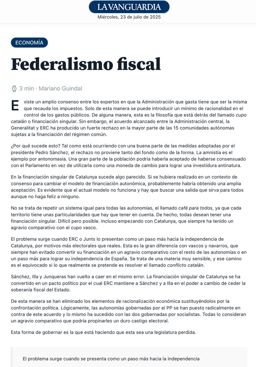 Una reflexión importante de Mariano Guindal en <a href="/LaVanguardia/">La Vanguardia</a> ahora que tanto se habla del “cupo catalán” o de “financiación singular”. 
- No al “café para todos”
- La llamada #solidaridad interregional no funciona 
- responsabilidad fiscal.
- Las AAPP a cualquier nivel debe