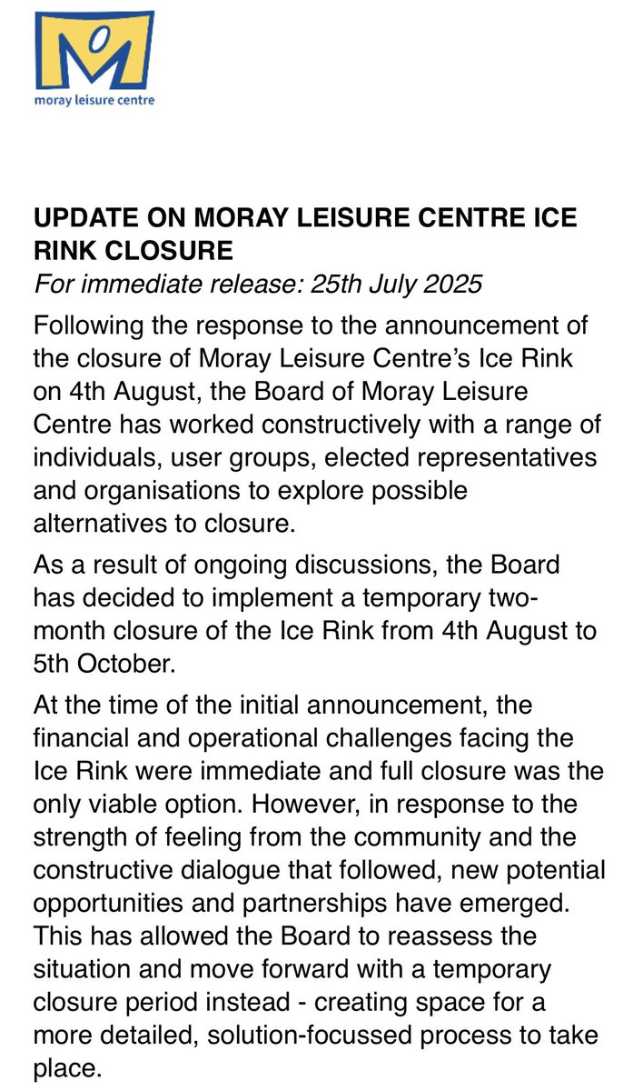 Douglas4Moray's tweet image. This afternoon’s update from Moray Leisure Centre is being presented as a reprieve, but I fear that once the Ice Rink closes, it won’t reopen.
I’ll continue to work with users of the rink and cross-party colleagues to avoid this closure.
The rink is a vital facility for Moray.