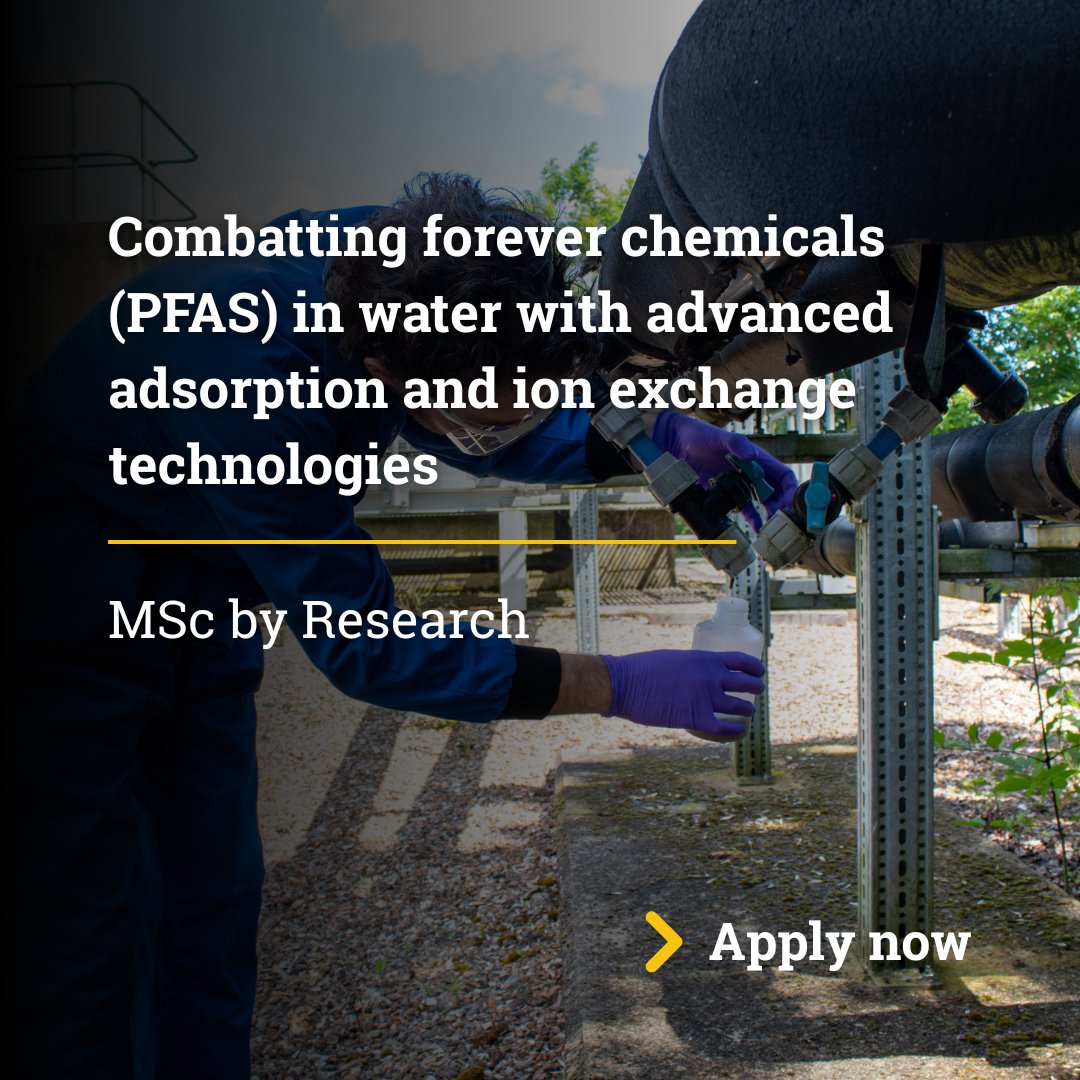 Cranfield Water (@cranfieldwater) on Twitter photo Fully-funded MSc by Research opportunity!
Sponsored by <a href="/AnglianWater/">Anglian Water</a>, this hands-on experimental project will explore advanced adsorption treatment using activated carbon and ion exchange to remove PFAS from drinking water.
Find out more: cranfield.ac.uk/research/phd/c… Fully-funded MSc by Research opportunity!
Sponsored by <a href="/AnglianWater/">Anglian Water</a>, this hands-on experimental project will explore advanced adsorption treatment using activated carbon and ion exchange to remove PFAS from drinking water.
Find out more: cranfield.ac.uk/research/phd/c…