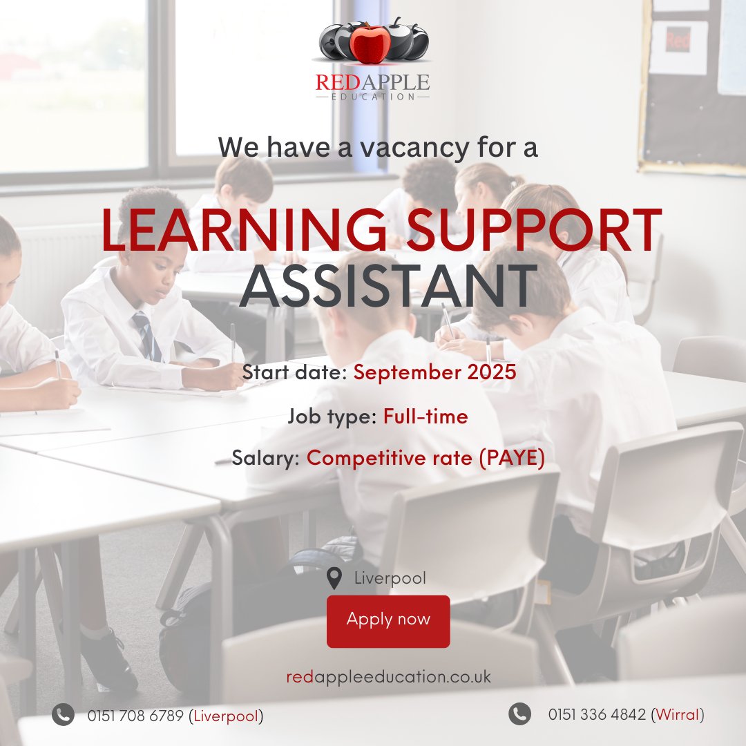 RedAppleEduc's tweet image. This placement is full time starting the new academic year and could run until Christmas depending on performance and suitability.
Call our office on 0151 708 6789
#learningsupportassistant#semh#school