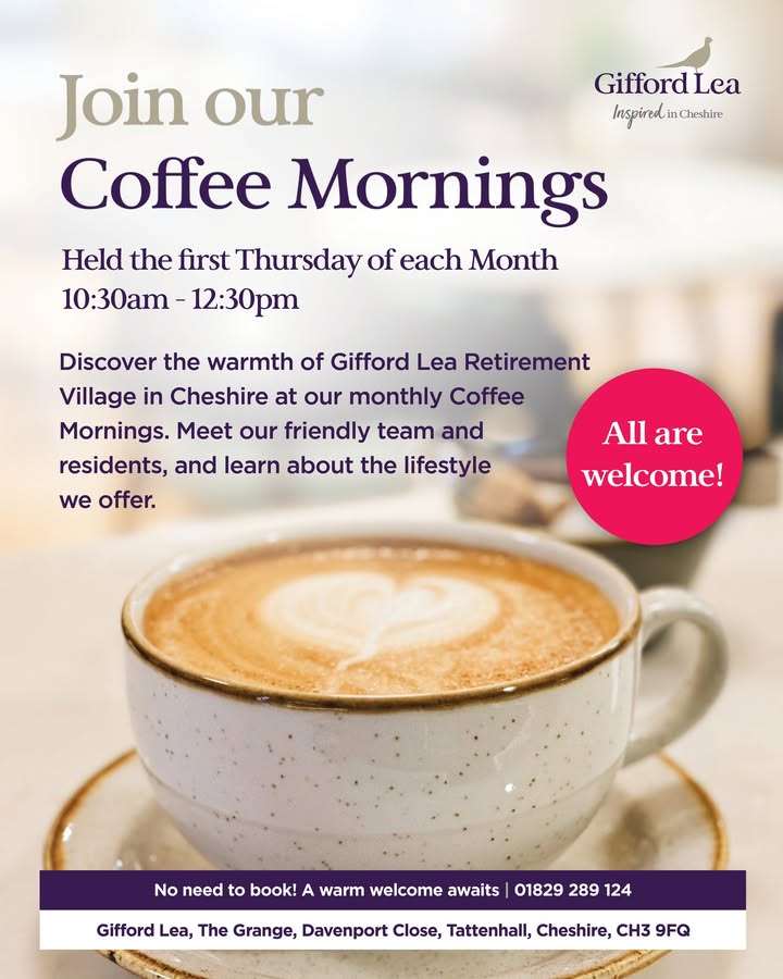 ☕ Join us for a Coffee Morning at Gifford Lea!
📅 Thurs 7 Aug | 🕥 10:30am–12:30pm
📍 Cheshire

Enjoy cake, a cuppa &amp; a chat with our lovely team and residents. No booking needed – just pop in! 💬🍰

#GiffordLea #CoffeeMorning #InspiredVillages