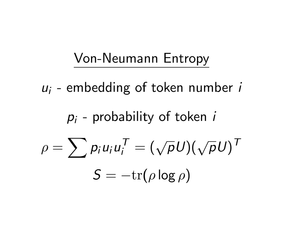 DmitryRybin1's tweet image. RL+LLM researchers actively use LLM distribution Entropy to measure training dynamics. This number is misleading.
John Von-Neumann and Lev Landau gave us the correct answer 100 years ago while studying mixed quantum states in Hilbert spaces.
Usual Entropy treats all tokens as…