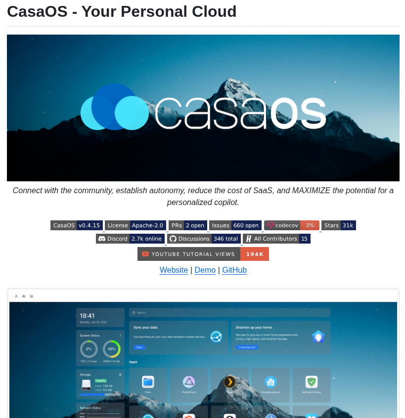 tom_doerr's tweet image. CasaOS: home server platform for managing personal cloud and apps with Docker