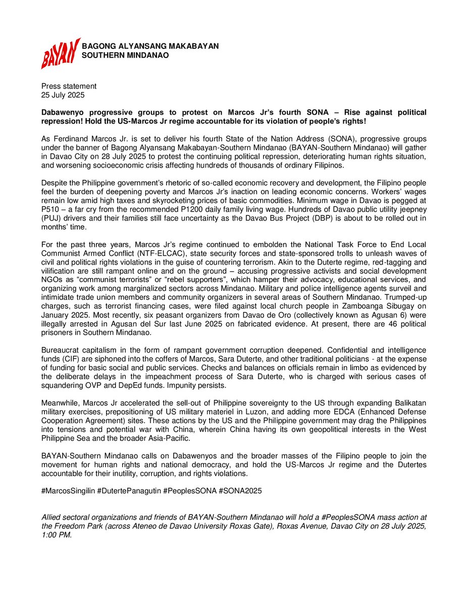 Dabawenyo progressive groups to protest on Marcos Jr’s fourth SONA – Rise against political repression! Hold the US-Marcos Jr regime accountable for its violation of people’s rights! 

#MarcosSingilin #DutertePanagutin #PeoplesSONA #SONA2025
