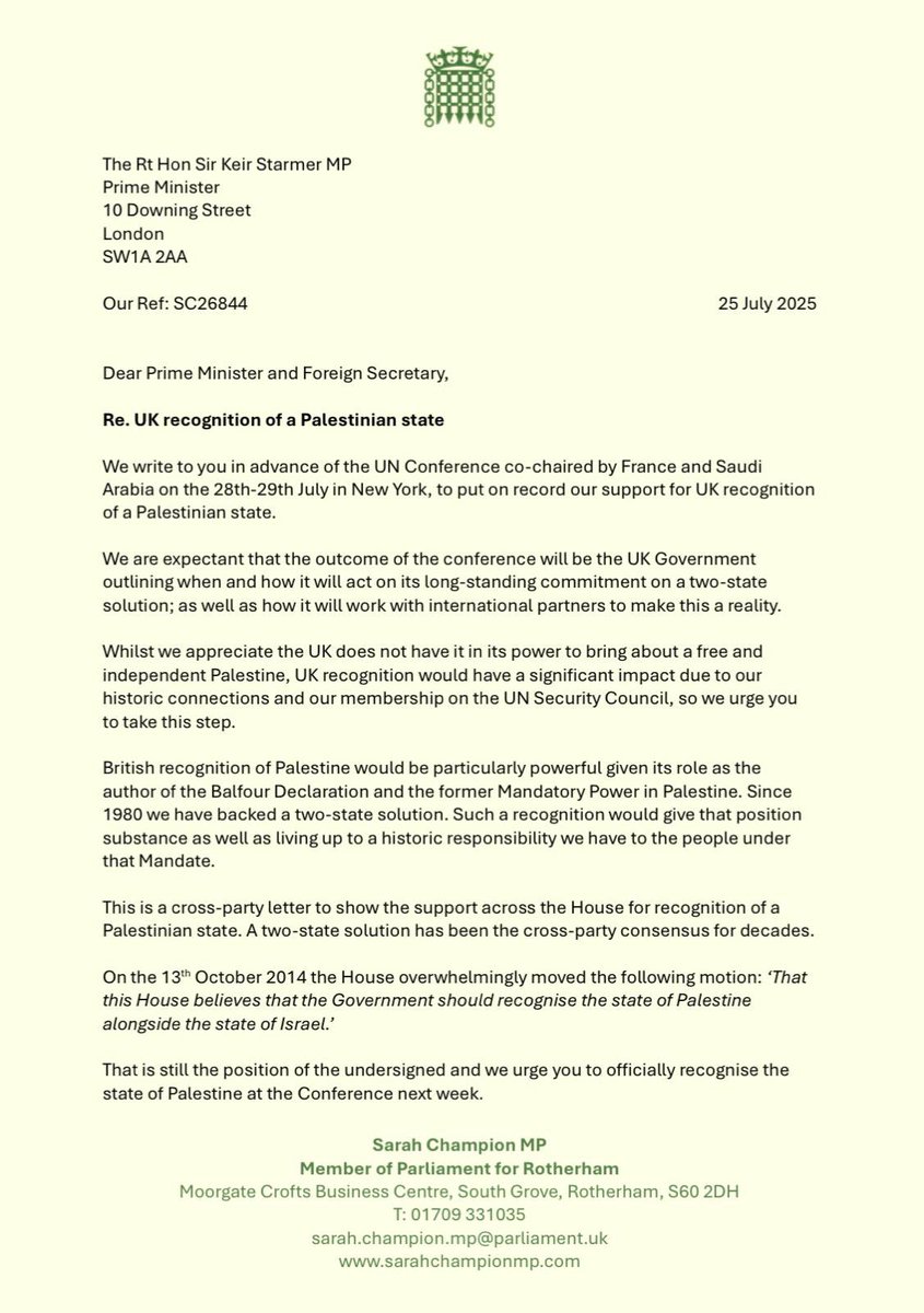 SarahChampionMP's tweet image. 221 MPs, from 9 parties, have sent a joint letter to the Prime Minister & Foreign Secretary urging them to recognise Palestine as a state now