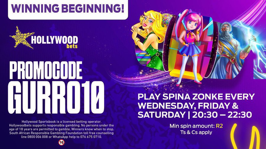 Get your 50 Free Spins when you sign up with Hollywoodbets and Use them on Spina Zonke games for a chance to Win Big Prizes!!

Use promo code: GURRU10

Hollywoodbets
#HollywoodbetsSignIn