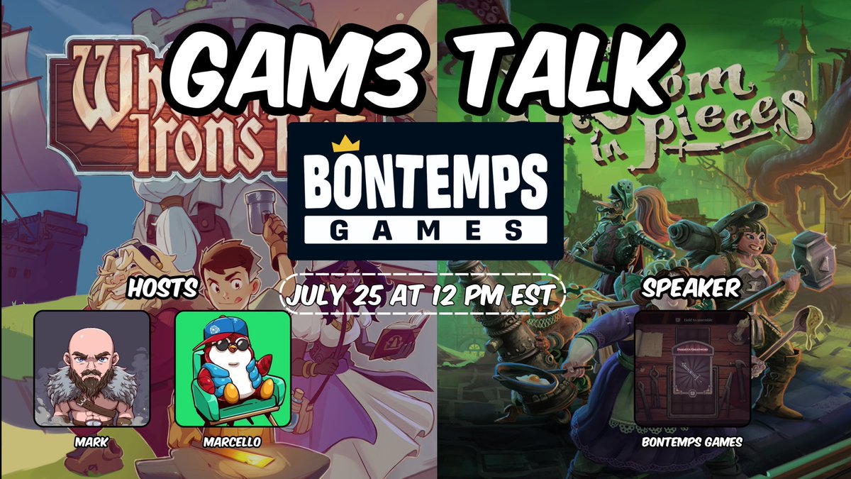 GAM3TALKMAG's tweet image. GAM3 TALK ft. @BontempsGames
Join our hosts @KingSnooch_ttv and @Marcell0x1 with the team behind Bontemps Games.
Learn all about their cozy blacksmith RPG where use your wits and skills to reforge broken bonds.
🗓️ Friday, July 25th at 1pm EST/5pm UTC
Live on X! Tune in…