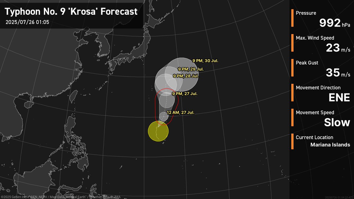 EN_NERV's tweet image. Typhoon No. 9 Report – 1:05, 7/26
Typhoon No. 9 'Krosa' is currently near the Mariana Islands, and is slowly heading ENE.