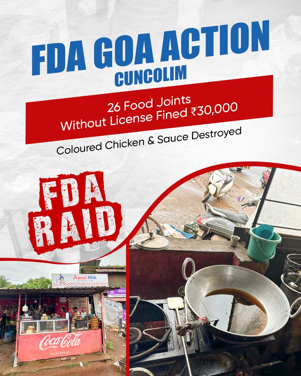 visrane's tweet image. In our continued efforts to ensure safe and hygienic food for all, FDA Goa conducted a special evening inspection drive on 24th July 2025 at Cuncolim Industrial Area & Market, Salcete.
Unlicensed notices were issued to 26 fast food joints & 1 distributor for operating without…