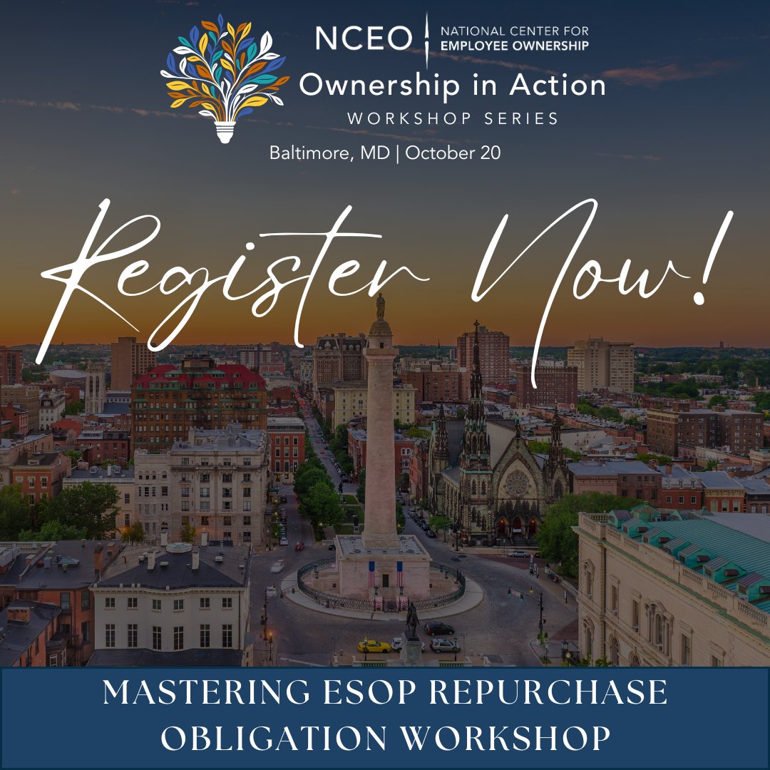 theNCEO's tweet image. Get ready for deep-dive learning that transforms how you approach ESOP repurchase obligations! The NCEO's Ownership in Action series returns October 20 in Baltimore with the Mastering ESOP Repurchase Obligation Workshop. Reserve your spot today!
nceo.org/events/ownersh…