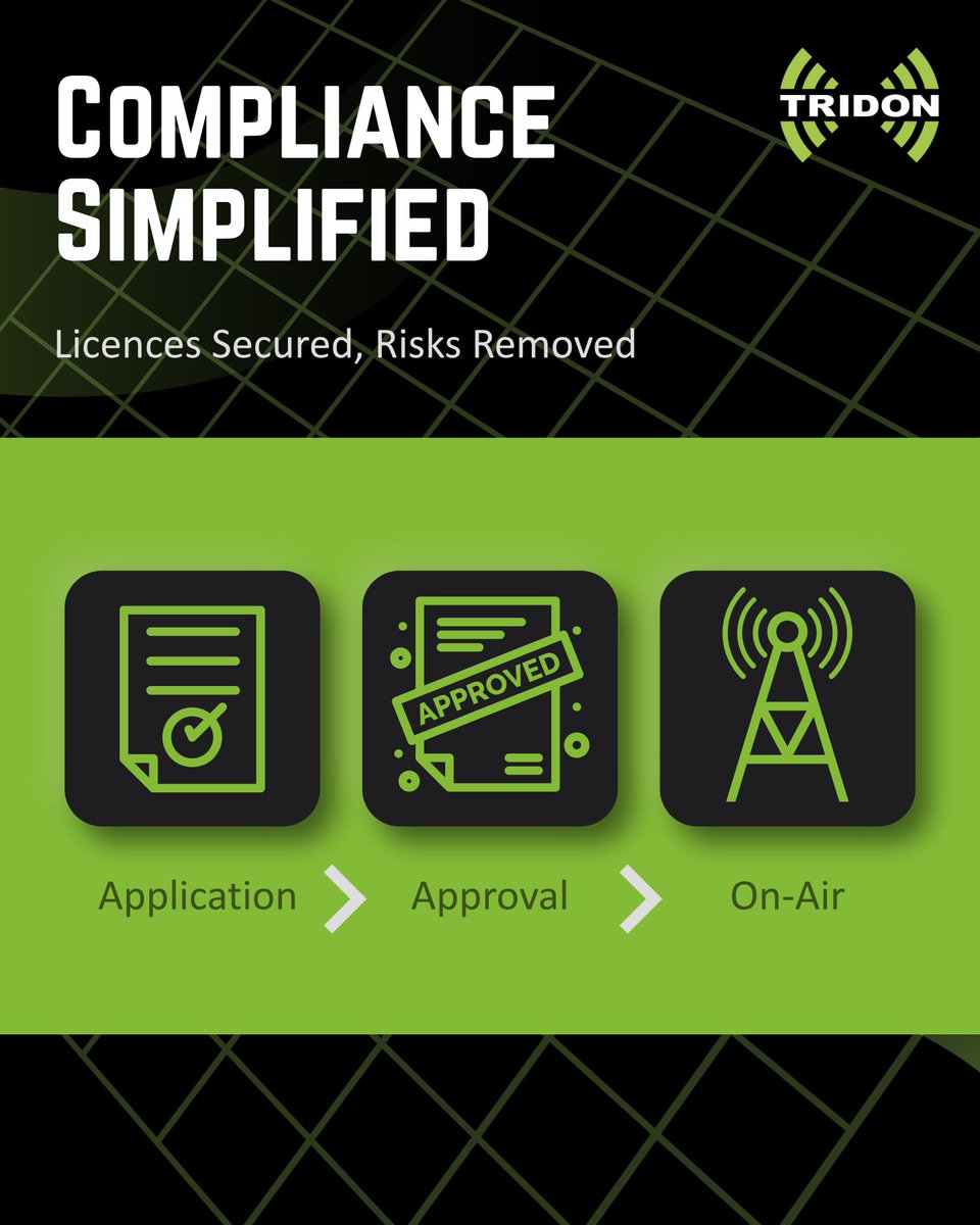 No paperwork, no project! Tridon handles NAV Canada &amp; Transport Canada tower filings, securing frequency planning &amp; licenses. Ready to de-risk your deployment? Let’s talk! #SpectrumLicensing #TowerSafety #TelecomCompliance #SeamlessConnectivity #TridonCommunications