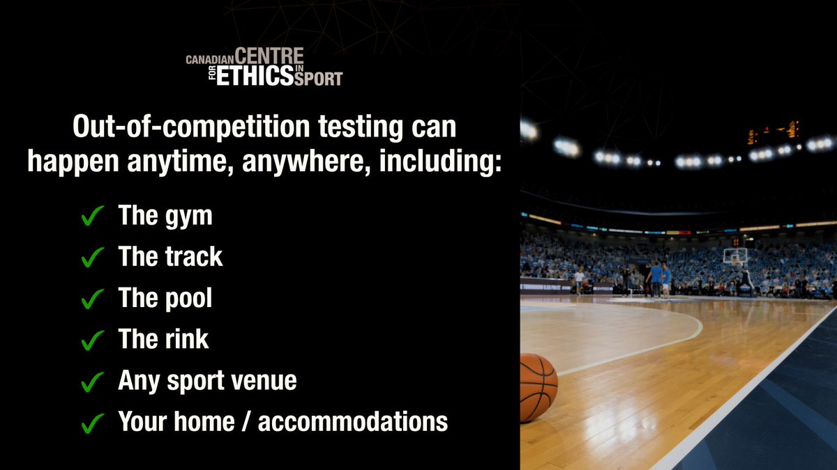 EthicsInSPORT's tweet image. Did you know you can be selected for doping control out of competition?
Testing doesn’t only happen at events - you can be tested anytime, anywhere, including:
🏋️ Gym
🏃 Track
🏊 Pool
🏒 Rink
🏅 Any sporting venue
🏠 Your home or accommodations
More at: cces.ca/athletes-right…