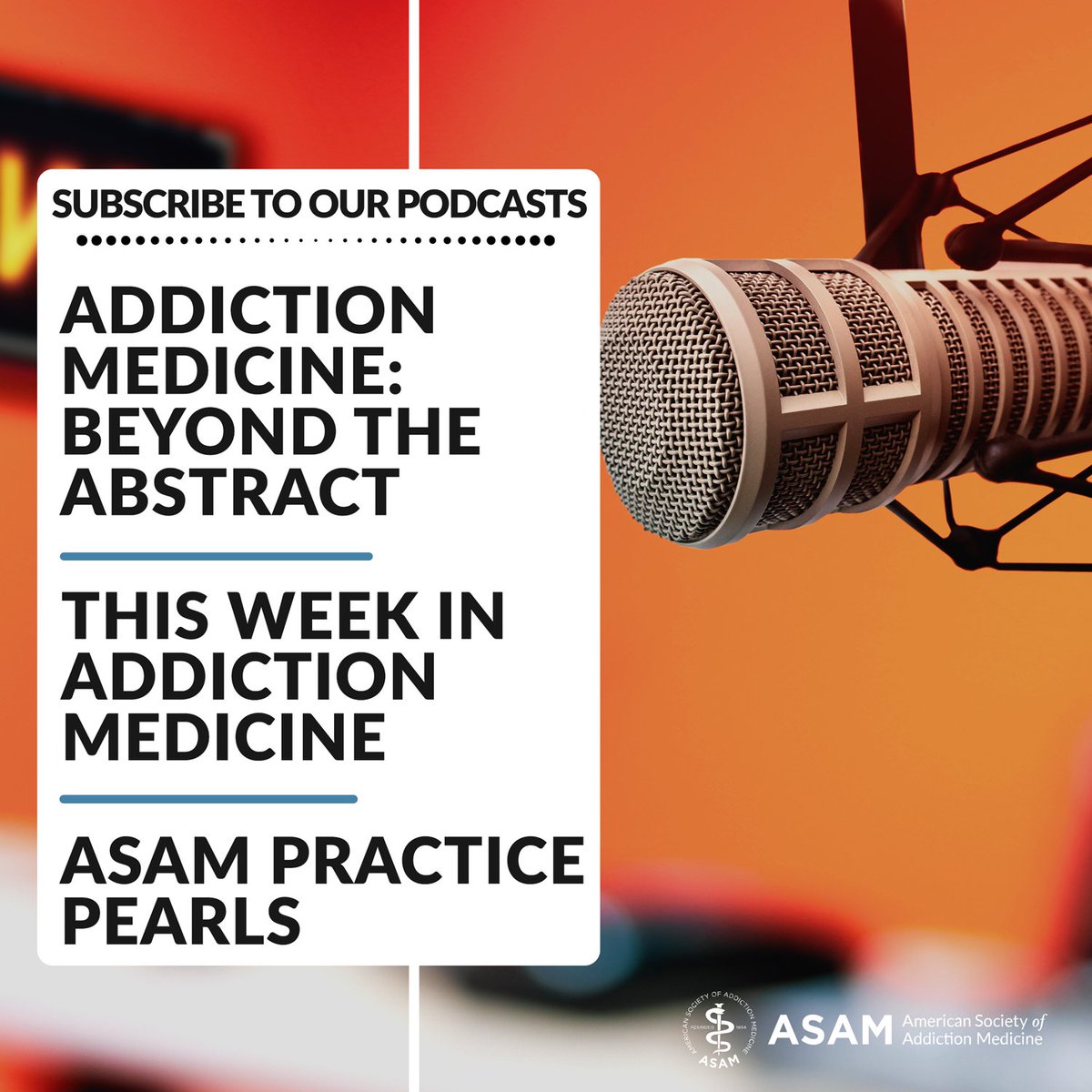 ASAMorg's tweet image. Be sure to subscribe to our ASAM podcasts on Apple, Spotify and anywhere you listen to podcasts!
#ASAM #AddictionPodcast #AddictionMedicine