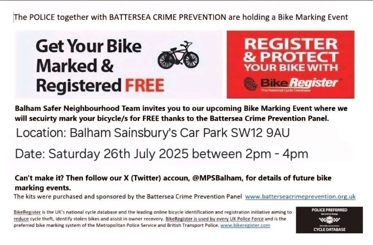 MPSBalham's tweet image. Your local ward officers will be at Balham Sainsbury's tomorrow between 2pm - 4pm hosting a Bike Marking Event with Wandsworth Council. Come down and get your bikes marked for FREE. @balhamnewsie @MPSBalham @MPSWandsworth
